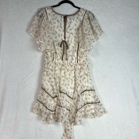 Lulus Adored Outing Ivory Floral Flutter Sleeve Surplice Mini Dress Size L NWT - Picture 8 of 11